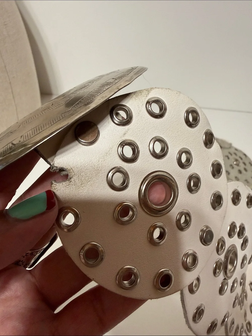 Vintage Leather White Studded Circle Link Waist Belt with Large Concho Buckle